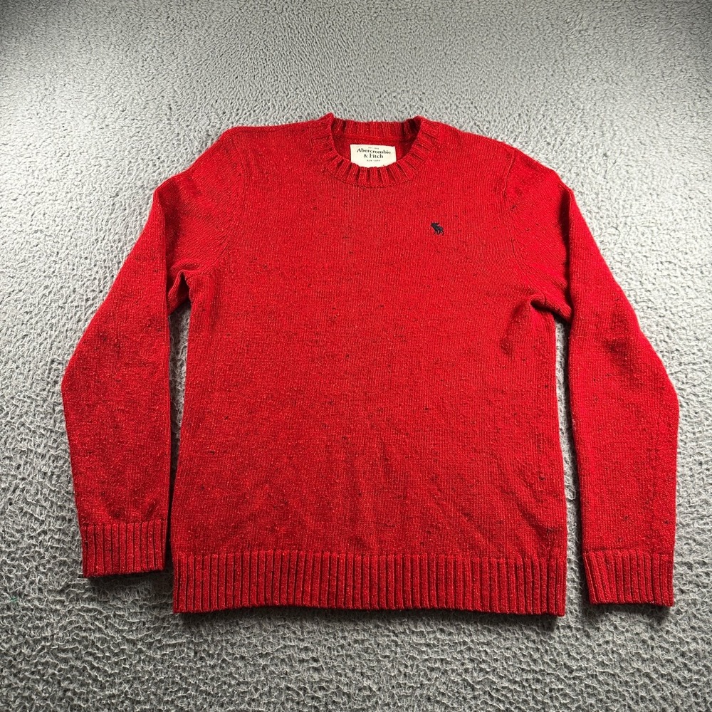 Abercrombie &‎ Fitch Men's Sweater Red Tweed Large Wool Blend Crewneck Logo